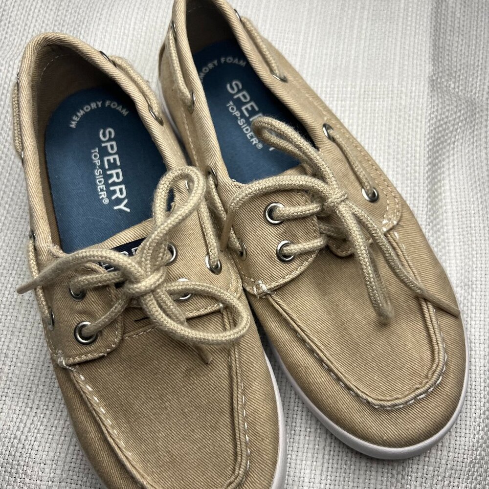 Sperry Top-Sider Tuck Boy's Youth Tan Khaki Canvas Boat Shoes Sz 13 M - 0268